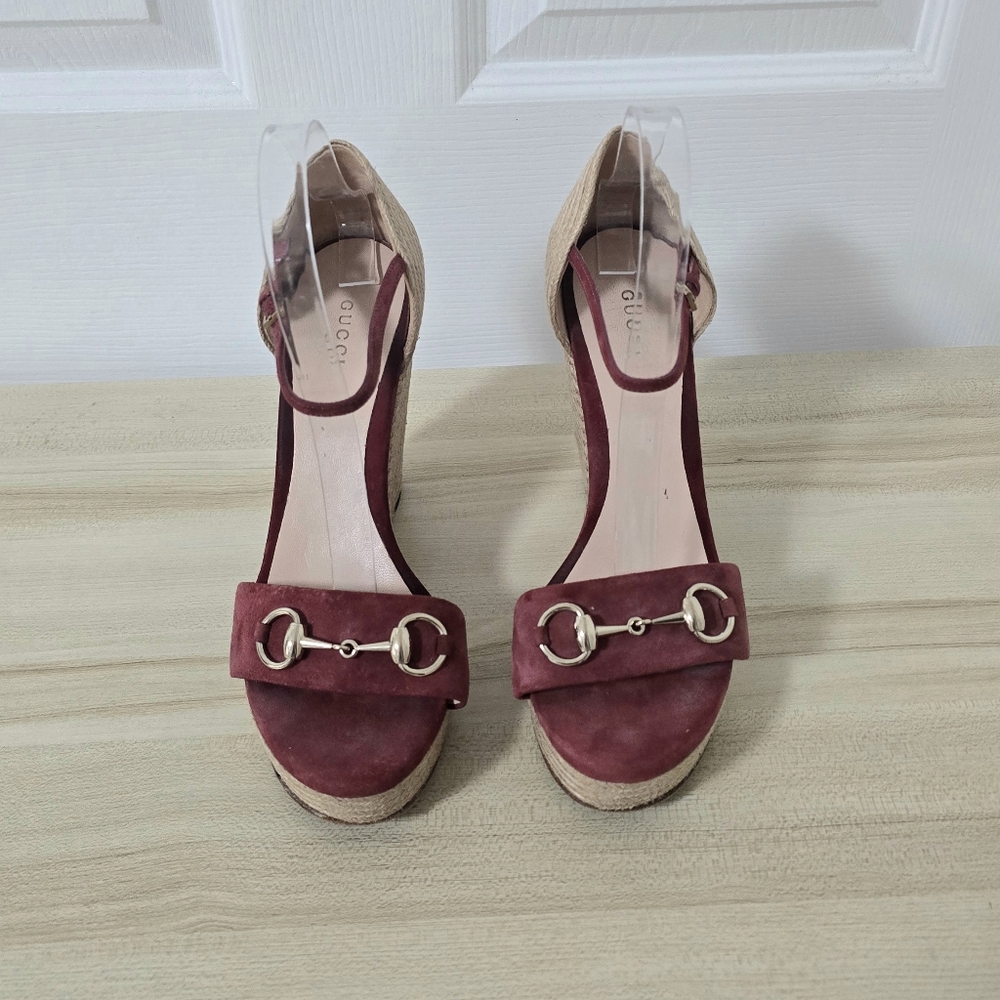 Gucci Horsebit Suede Wedge Espadrille Sandals In Dry Rose Size EU40/US10 - Picture 3 of 15